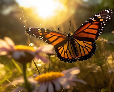 papillon aux couleurs orangées, éclairé par le soleil, avec deux fleurs en gros plan à l'avant