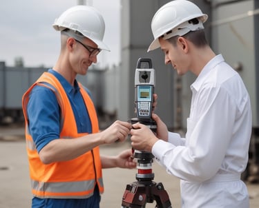two men in white helmets and safety vests standing in front of a building
