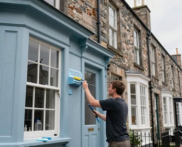 Painter carefully applying fresh paint to a wooden window frame on a traditional Edinburgh property.