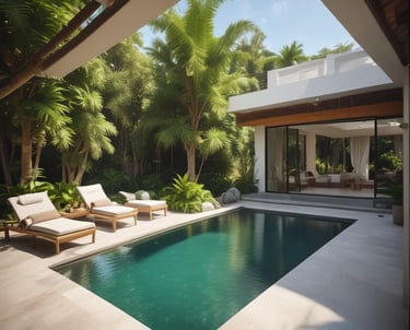 A beige building facade with four small windows displays the name 'C.H. MARTIN' in large red letters. Colorful triangular pennant flags are strung above, forming a festive appearance. Two 'FOR RENT' signs are visible on either side of the building.