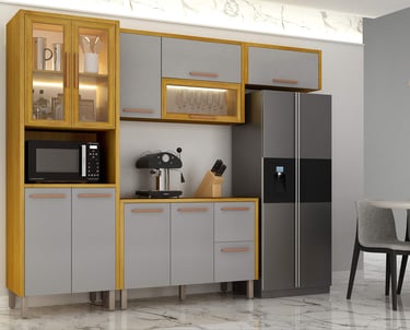 a kitchen with a refrigerator and a microwave
