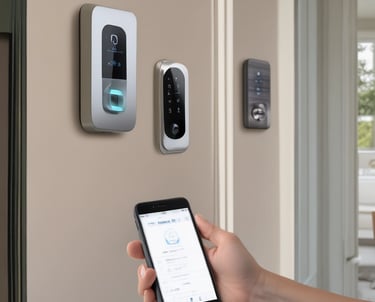 A wall-mounted setup featuring two black electronic control boxes labeled 'Advanced Access Control' by ZKTeco. Each box has indicator lights for power, run, and communication. The boxes are mounted on a wooden panel, surrounded by a variety of cables including yellow and white ones. The smaller box is mounted below the larger one and both have key locks.
