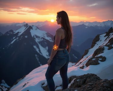 A woman stands high above the mountains with a compass that gives her clear purpose & direction