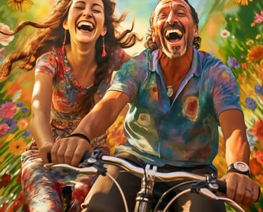 a man and woman riding a bicycle in a field