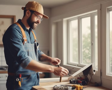 A black and white image captures a person wearing gloves using a power drill. The focus is on the hands and the drill, suggesting a construction or woodworking activity. The person is wearing a shirt with a logo on it.