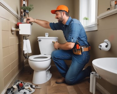 A person is standing on a ladder leaning against a building facade, appearing to perform maintenance or repairs on a window or the wall. The building has several windows and an entrance canopy. The image is in black and white, giving it a classic, timeless feel.