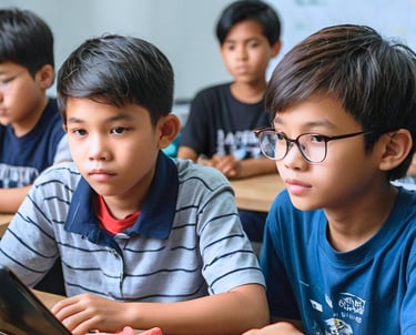 two young boys working together on their AI storytelling project for one of the kids workshops.