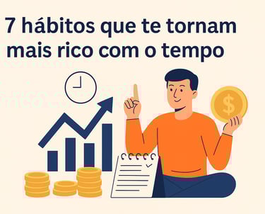 Homem feliz segurando uma moeda de ouro ao lado de gráficos de crescimento, relógio e caderno, repre