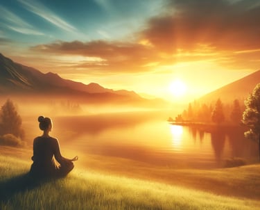 a woman meditating in front of a peaceful lake