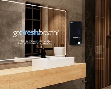 Dispensador negro Got Fresh Breath en baño de lujo con diseño moderno y elegante.