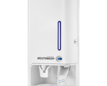 Dispensador automático de enjuague bucal color blanco, ideal para oficinas, baños y más.