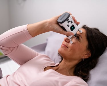 Woman lying down measuring her eye pressure IOP with an iCare HOME2 tonometer.
