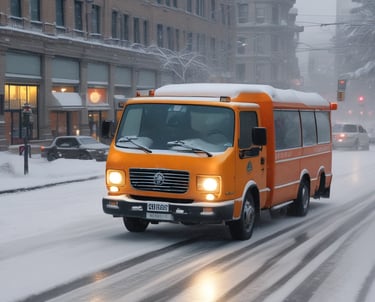 A snowplow truck clearing a snowy road lined with bare trees. Snow is accumulated on the branches and the street, creating a wintry urban scene.