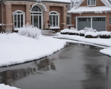 A snowplow truck clearing a snowy road lined with bare trees. Snow is accumulated on the branches and the street, creating a wintry urban scene.