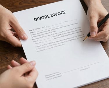A professional lawyer calmly discussing legal documents with a client in a modern office.