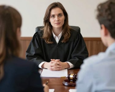 A professional lawyer calmly discussing legal documents with a client in a modern office.