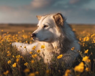 Chien Inuit est couché parmi les fleurs d'onagre