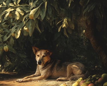 Indian Pariah Dog allongé à l’ombre d’un manguier