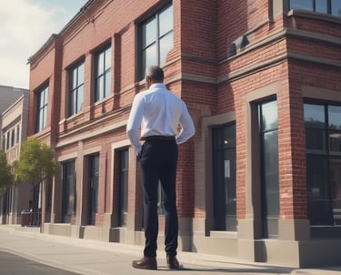 Residential buildings in the foreground with a scenic backdrop of rugged mountains bathed in the soft light of either sunrise or sunset.