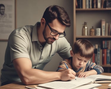 A man and a young boy who needs help with doing homework