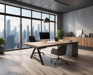 a desk with a computer