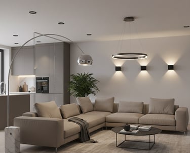 interieur met inbouwspots en wandlampen