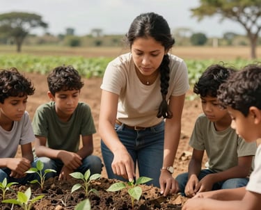 A South American / Brazilian woman demonstrating organic planting techniques to a small group of students in a sunny field. She is pointing to small green saplings. The background shows the arid but cultivated landscape of the Agreste. Colors: beige, olive green, and slate.