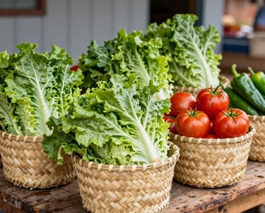 Woven straw baskets filled with freshly harvested organic lettuce, bright red tomatoes, and green peppers, displayed on a rustic wooden table at an outdoor market in a South American / Brazilian village. Clean, bright, and natural aesthetic. Colors: olive drab and slate gray.