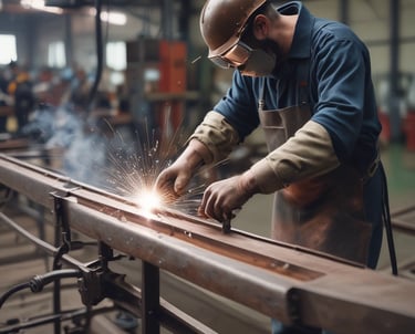 A skilled worker welding steel beams in a bright industrial workshop.