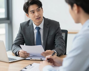 A professional consultant discussing company formation documents with clients in an office.