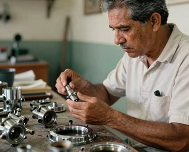 A specialist examining a collection of original chrome parts, soft diffused lighting, authentic nostalgic feel, South American / Brazilian setting.