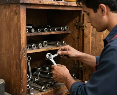 A mechanic organizing tools in a wooden cabinet, vintage aesthetic, deep shadows, sophisticated South American / Brazilian workshop environment.