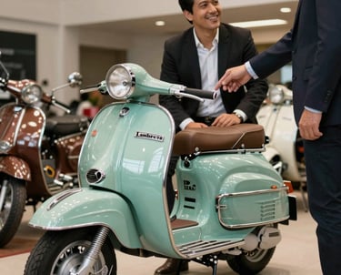 A professional greeting a customer near a beautifully restored mint green Lambretta, South American / Brazilian showroom, sophisticated atmosphere.