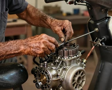 An older man with weathered hands working on a scooter engine, focus on the craftsmanship, warm brown and tan tones, South American / Brazilian workshop.