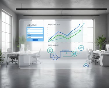 Digital office with dashboard showing growth graphs, lead forms, and a client journey map.