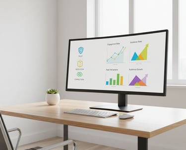 Dashboard with engagement graphs, post interactions, and audience growth chart.