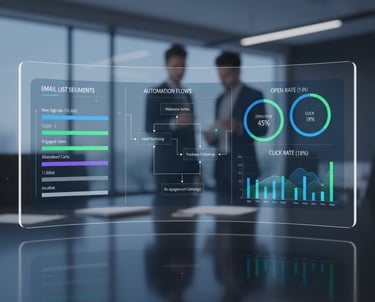 Digital dashboard with segmented email lists, automation flowcharts, and open/click rate graphs.