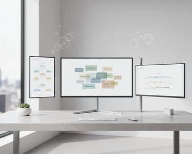 Sophisticated, minimal digital workspace with multiple screens displaying text bubbles, messaging fr