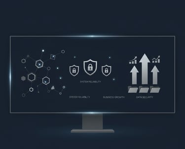 Digital dashboard with network nodes, shield icons, upward arrows, and file icons—showing reliabilit