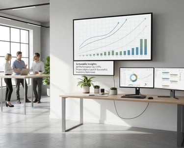 Modern office dashboard with people collaborating; screens show trend lines, bar charts, and actiona