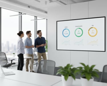 Modern office dashboard with graphs for leads, conversions, ROI, target icons, and upward arrows; re