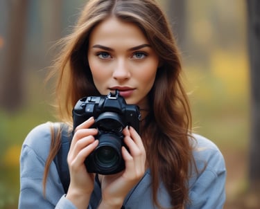 A candid photo of a photographer gently adjusting camera settings while capturing a golden hour family portrait outdoors.