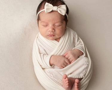 A peaceful newborn wrapped in a soft blanket, sleeping gently with a soft-focus background.