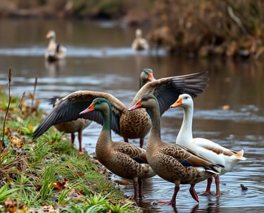 A group of colorful ducks and a white goose standing at the grassy edge of a calm pond.