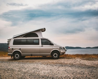 Campervan parked by a lakeside, perfect for vanlife adventures