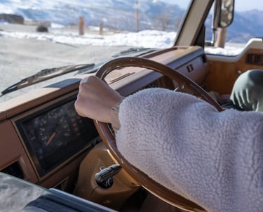 Campervan driving in snow