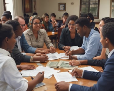 A group of people sitting on the floor against a wall, holding signs with messages like 'My faith demands ceasefire' and 'Justice' written in multiple languages. A police officer stands in front of them, interacting with the group.