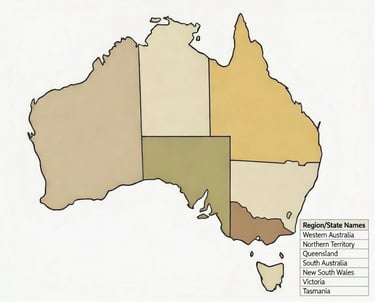 outline of Australia with regions and states listed in a table