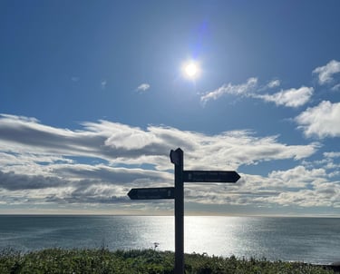 Mentoring leaders and innovators. Image of a summer sky and sign post point to choose direction.