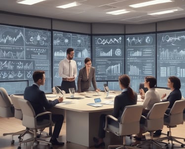 Sunlight streams through overhead beams, casting shadows on a wall featuring a prominent sign with bold red letters stating 'GOOD BUSINESS'. The environment appears to be indoors with modern architectural elements and minimalistic decor. Potted plants and furniture create a relaxed, professional atmosphere.